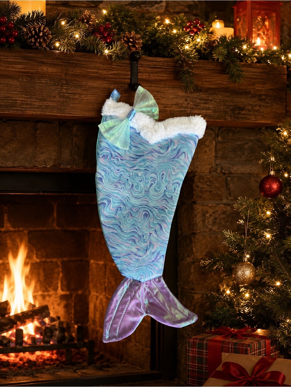 Iridescent Mermaid Stocking with Bow - Pastel Blue & Purple - Picture 3 of 6